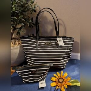 Kate Spade Nylon French Stripe Tote and Cosmetic Bag Set - black/white NWT!